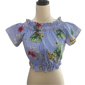 Lush ruffled blue and white striped floral crop top Size M